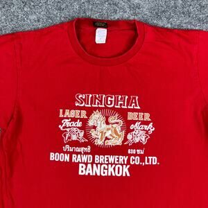 Singha Beer T-Shirt Mens Size L Red Bangkok Thailand Graphic Brewery Tourist Tee